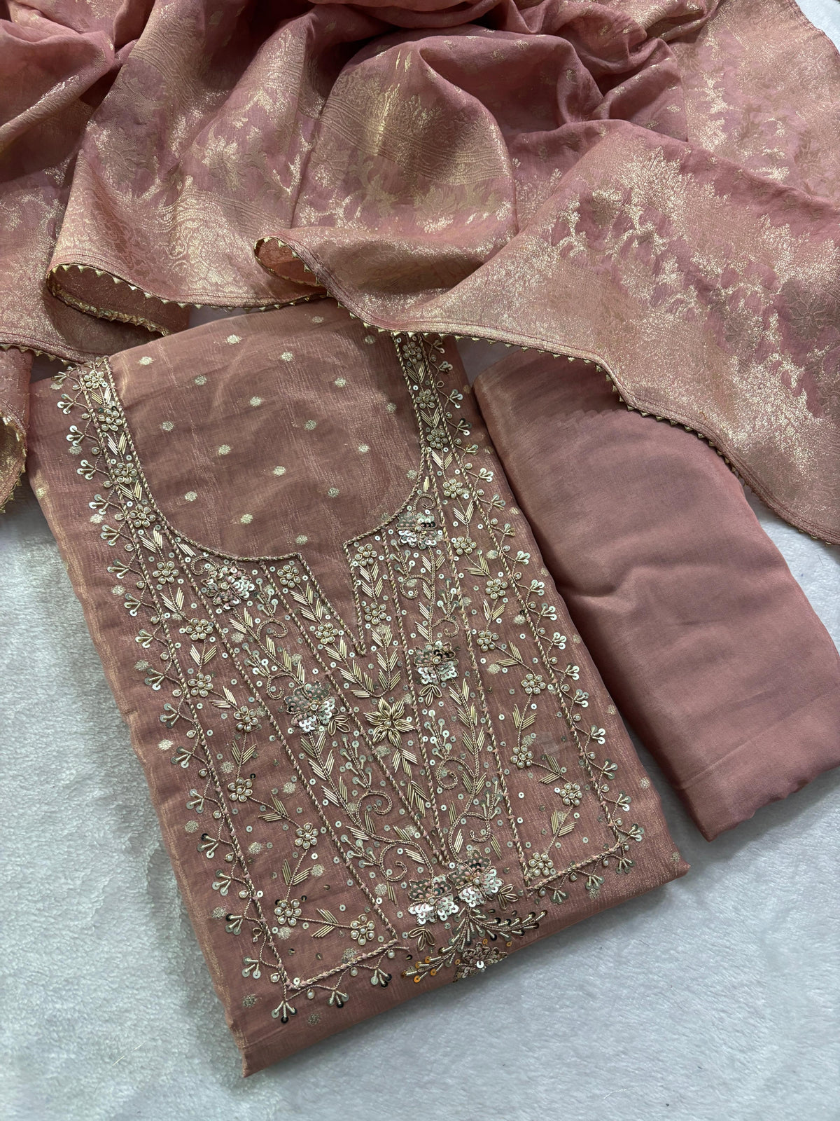 Premium Modal Rajwadi Chanderi Unstitched Suit With Banarsi dupatta