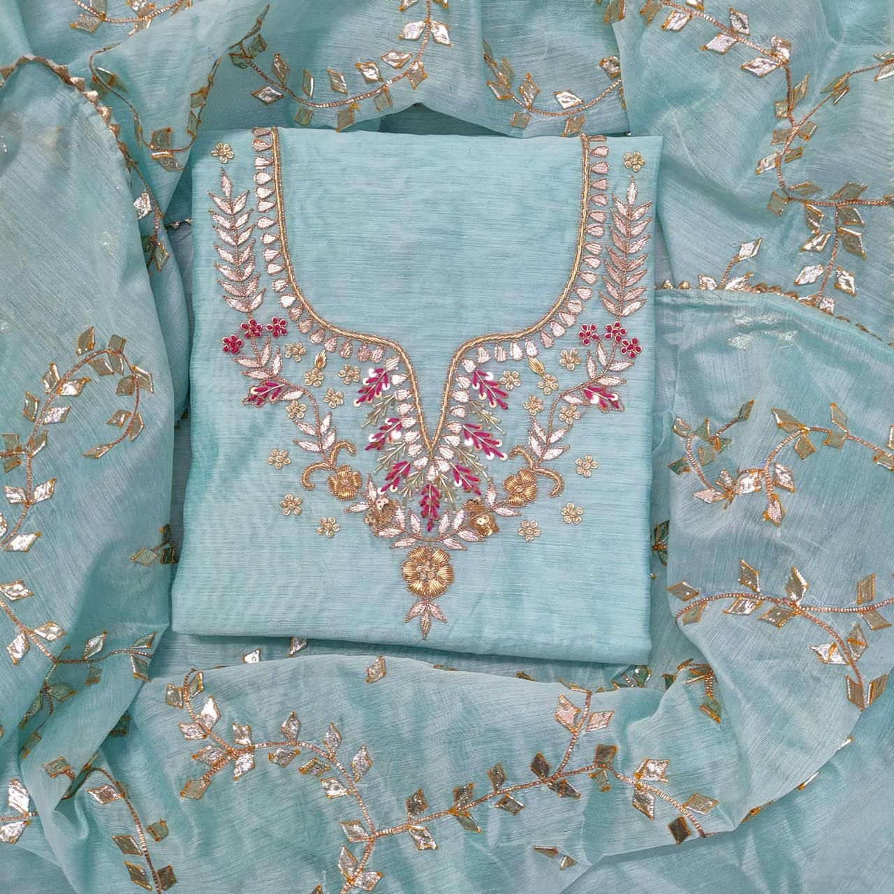 Chanderi Gota Patti Work Unstitched Suit With Kacha Patti dupatta
