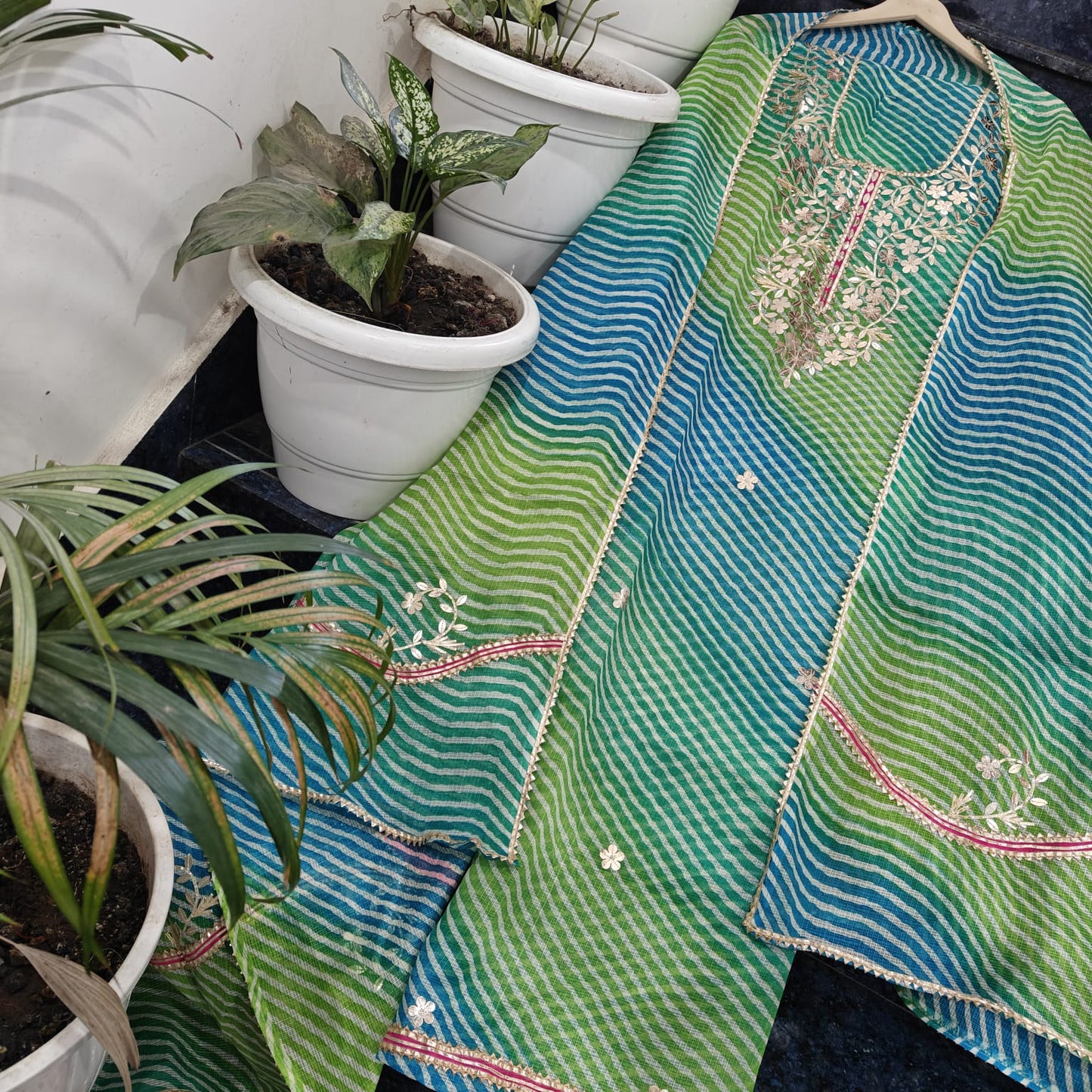 Pure Kota Doriya Unstitched Suit With Gota Patti Work