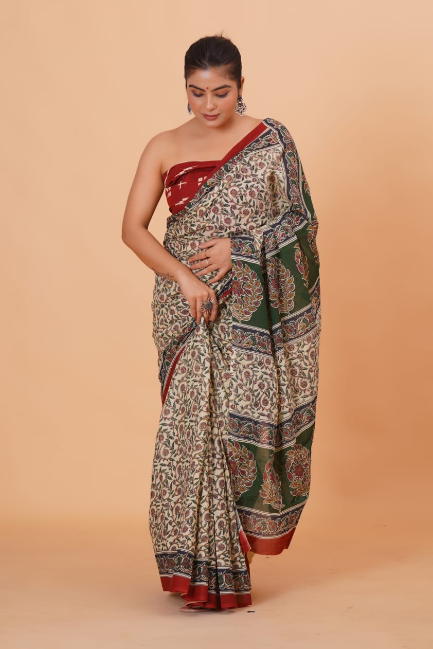 Pure Hand Printed Cotton Sarees With Blouse