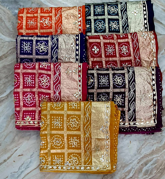 Pure Hand Bandhej Gajji Silk Saree Kachi Gota Patti Work With Hand Work Blouse.