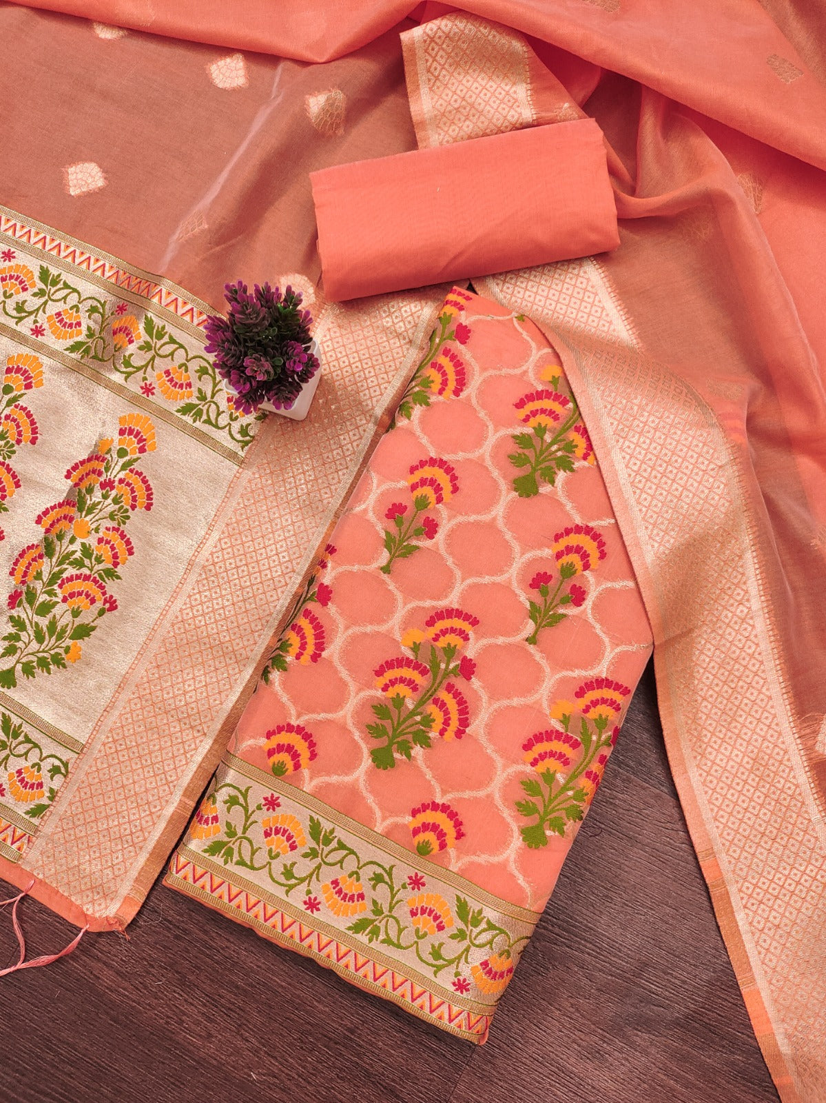 Designer Paithani Woven Unstitched Suit With Bottom