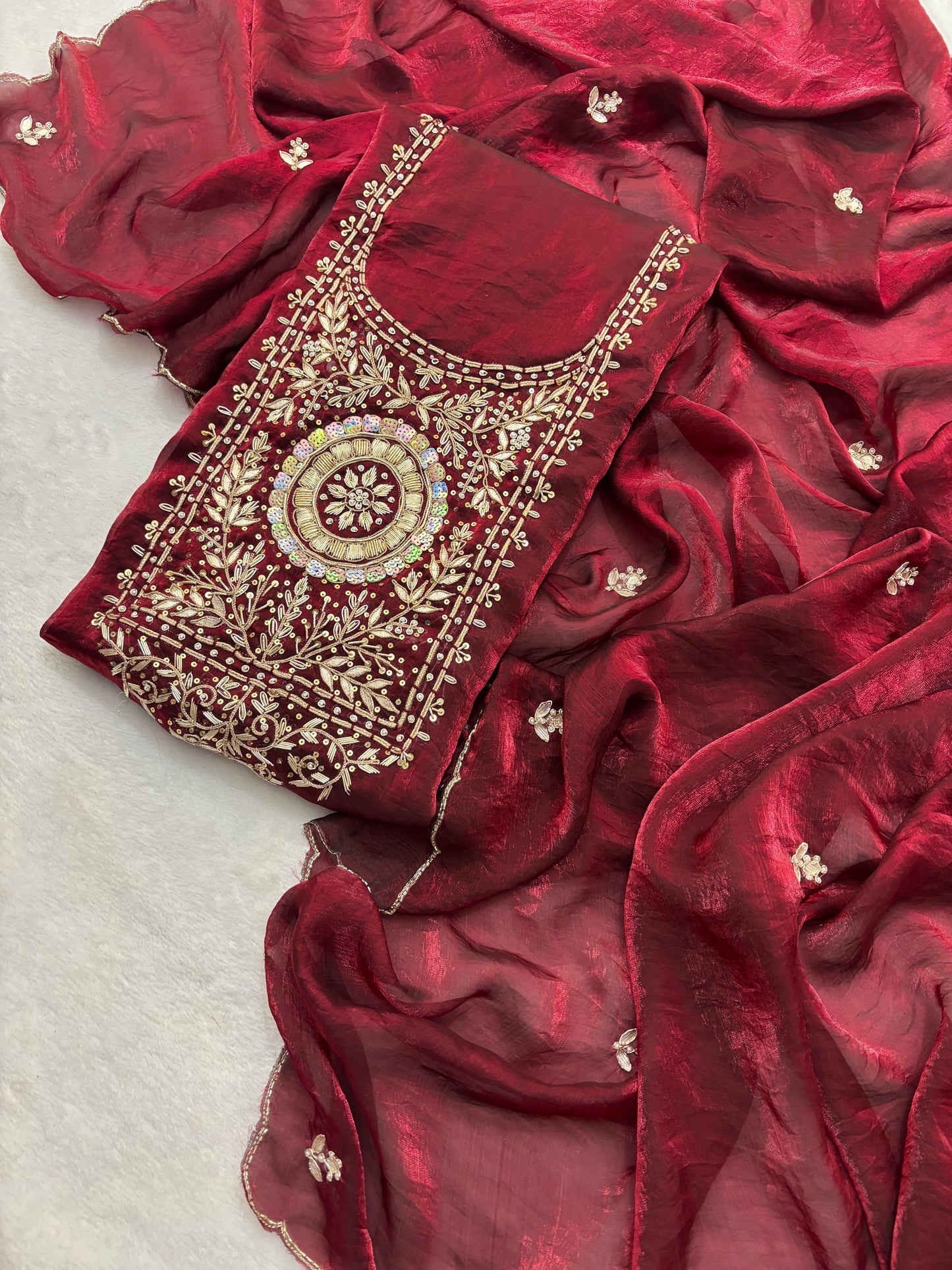 Premium Crush tissue Unstitched Suit Zardogi Work With Gota Patti Duptta