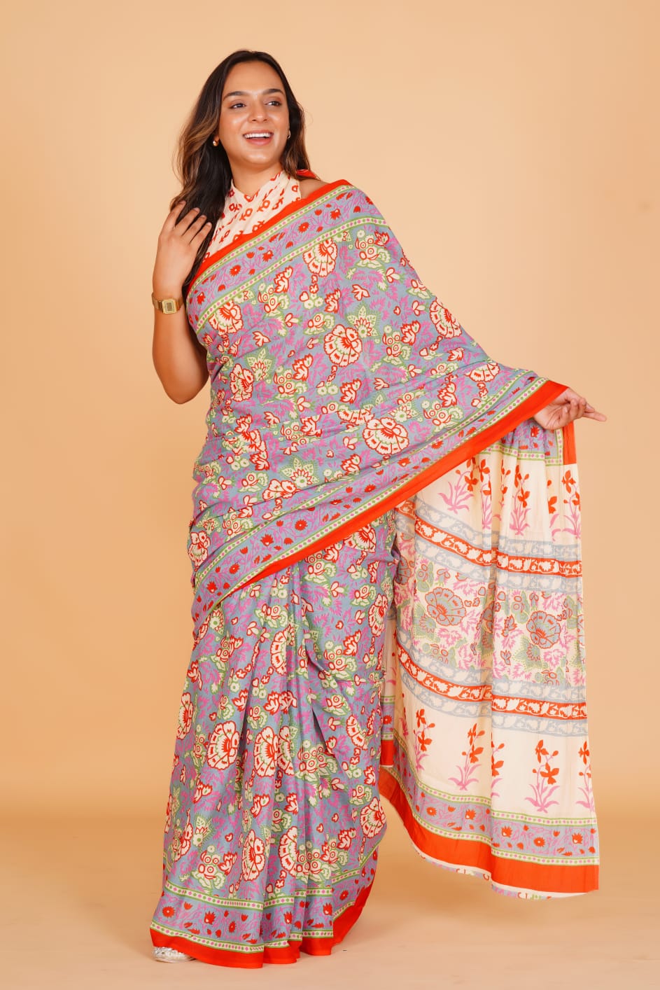 Pure Hand Printed Cotton Sarees With Blouse