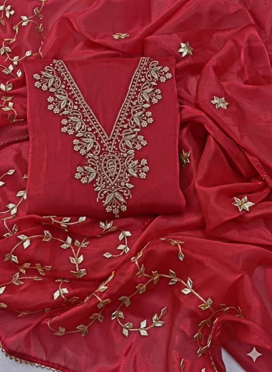 Pure jimmy choo Unstitched Suit with Zardogi Work Dupatta With Gota Patti Work