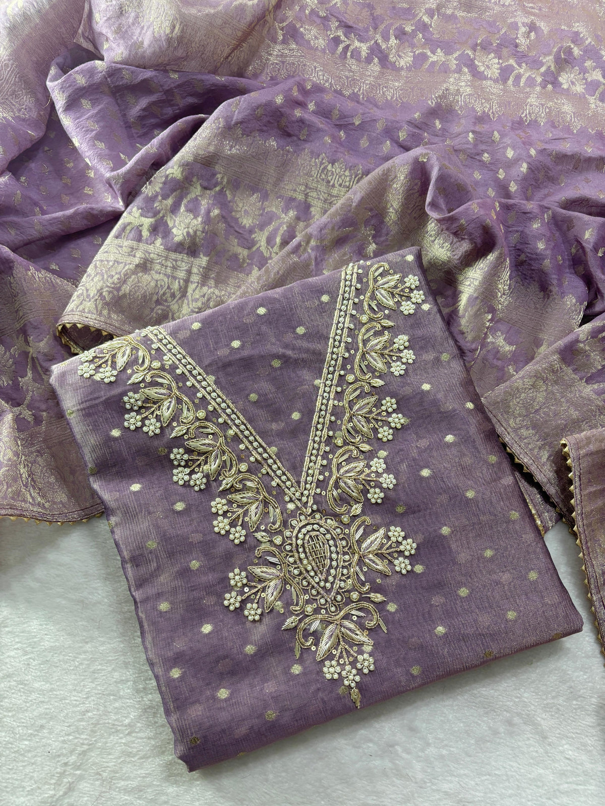 Premium Modal Rajwadi Chanderi Unstitched Suit With Banarsi dupatta