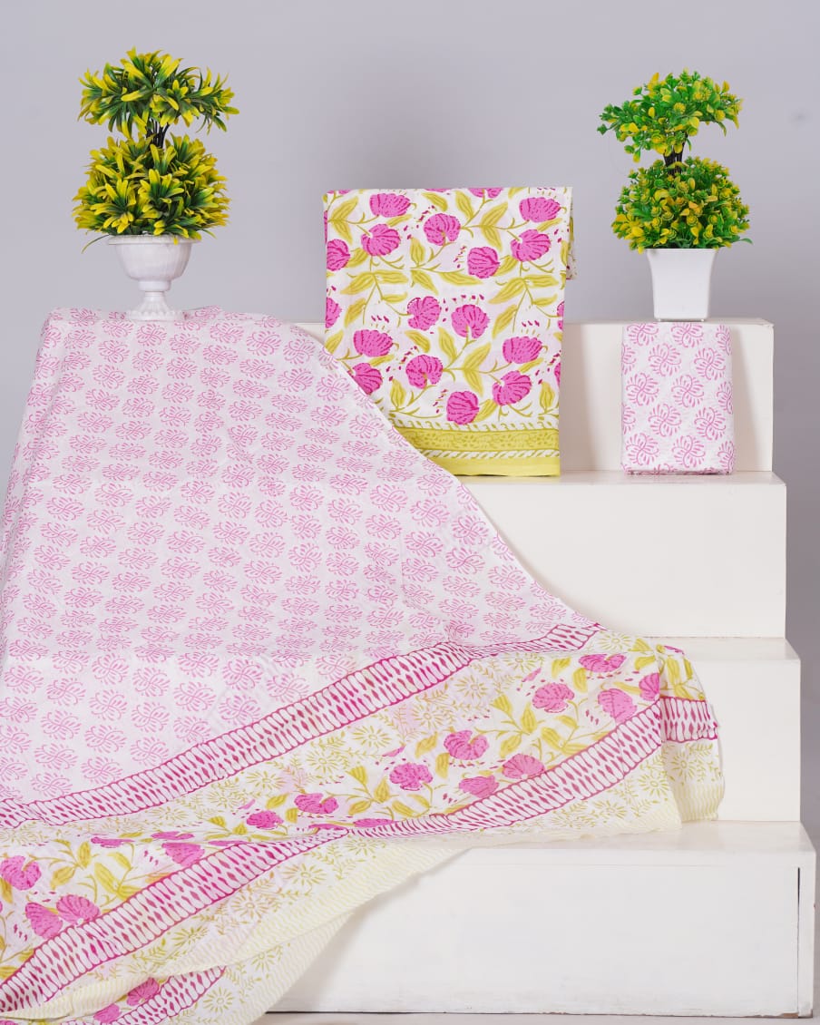 Pure Cotton Jaipuri Hand Block Print Unstitched Suit With Mul Cotton Dupatta.