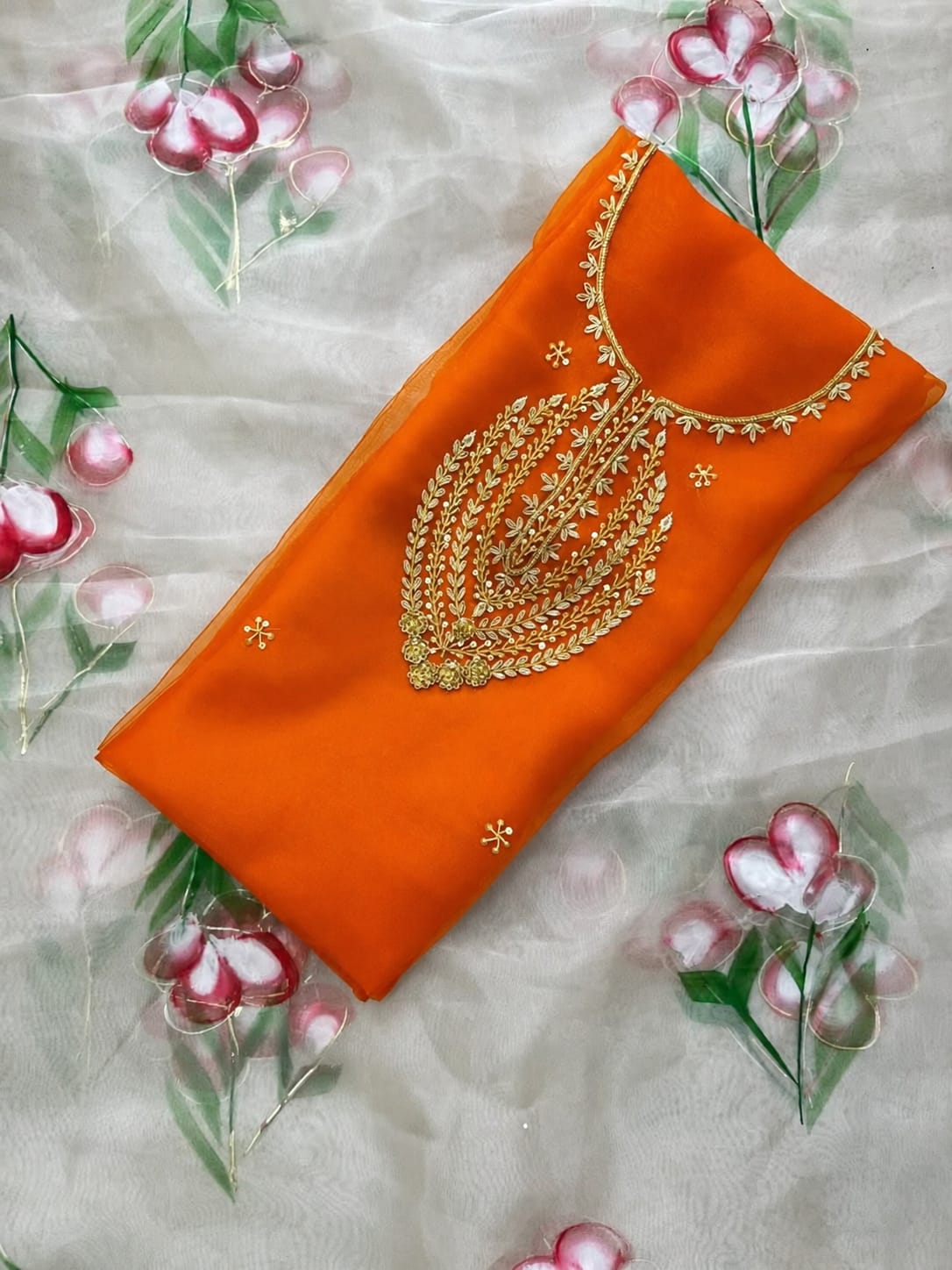 Pure Organza Zardozi Work unstitched Suit WithBrush Print Dupatta