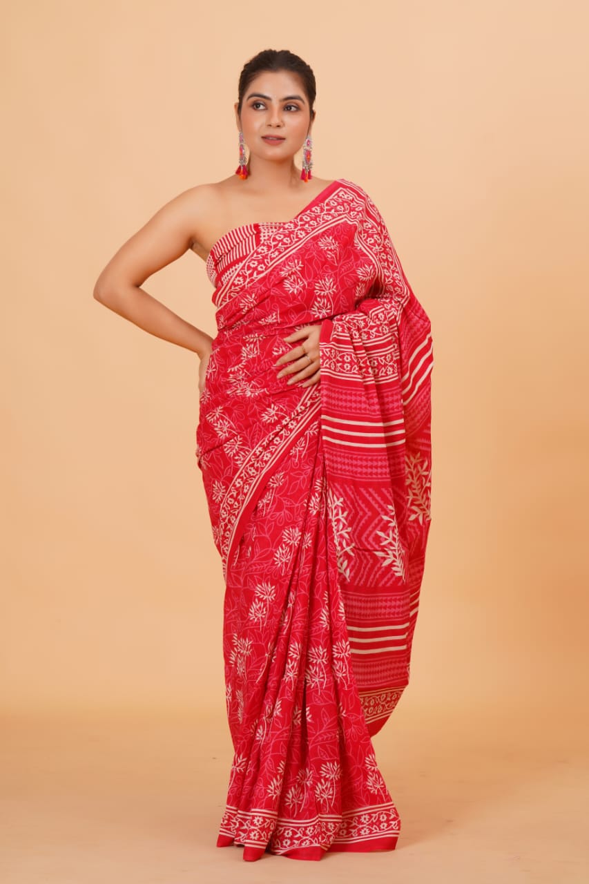 Pure Hand Printed Cotton Sarees With Blouse