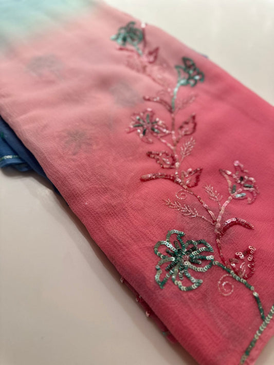 Pure Jaipuri Dimond Chiffon Sequence Zari Work Saree With Running Blouse.