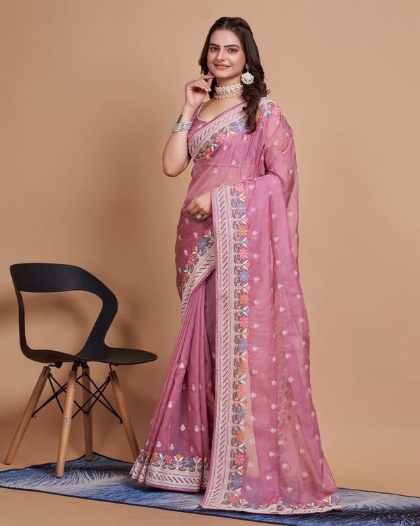 Party Wear Soft Taby Silk Organza Saree With C-Pallu All Over Embroidery Work Butti &  Piping Border & Embroidery Work Blouse
