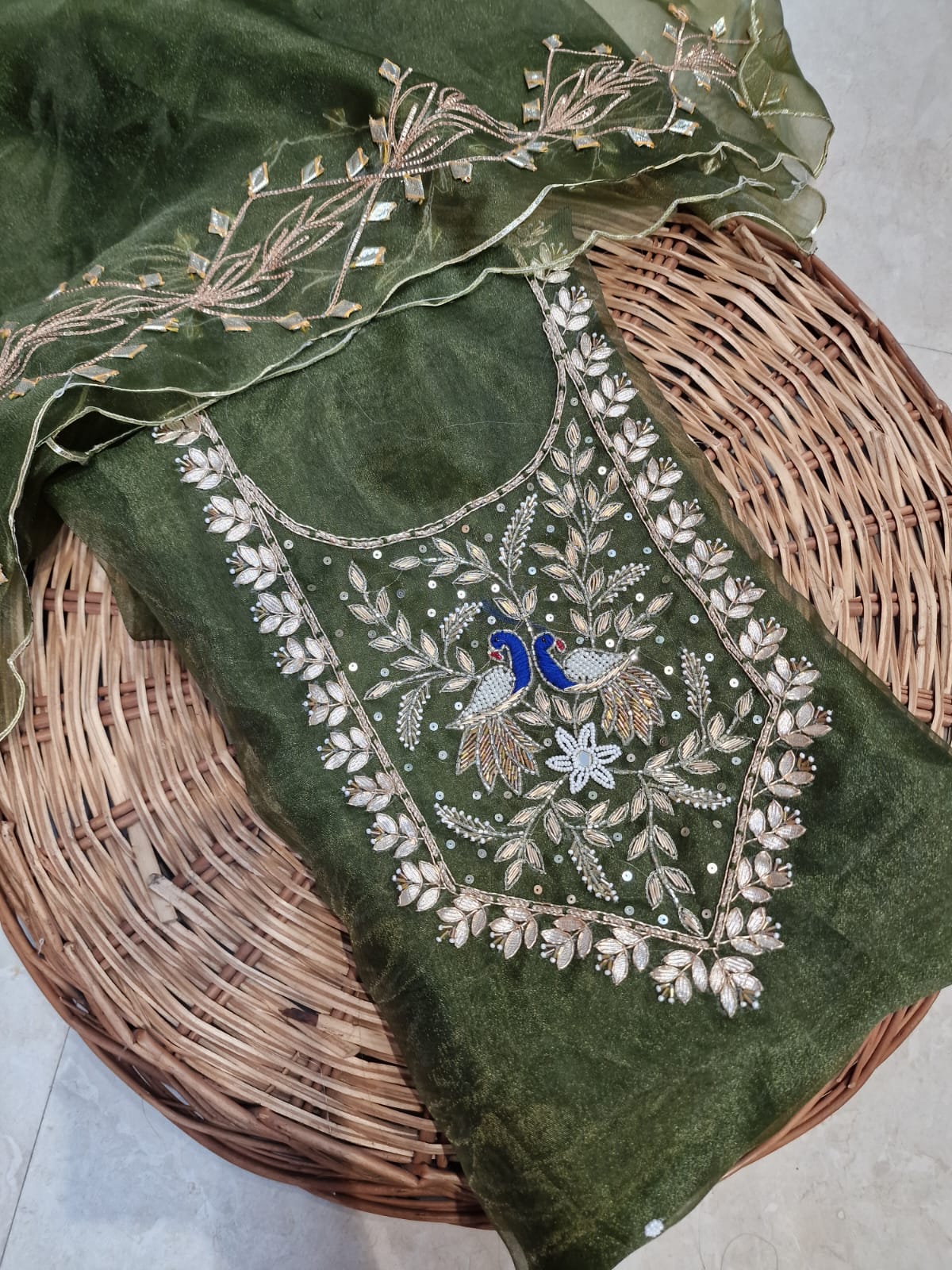 Organza Zardozi Work unstitched Suit With Gota Patti Dupatta