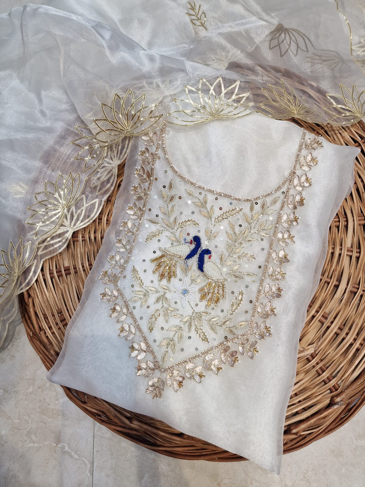 Organza Zardozi Work unstitched Suit With Gota Patti Dupatta