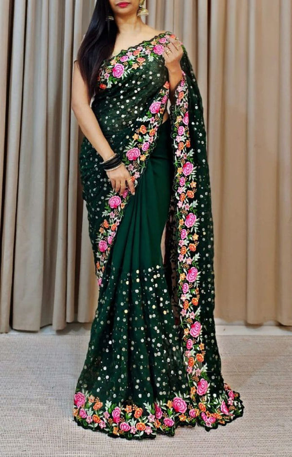 Party Wear Soft Georgette Saree With Multi Color Embroidery Thread & Sequins Work With Blouse