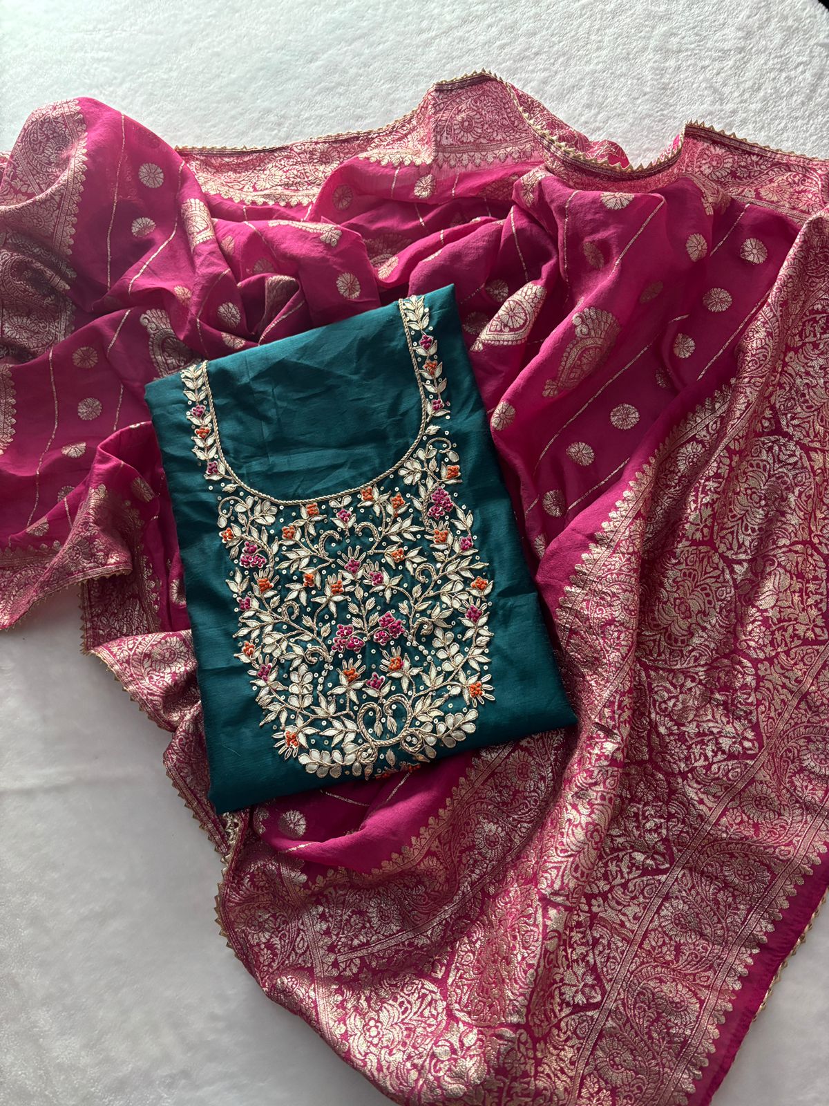 Rich Chanderi Unstitched Suit with Zardogi Work with Dupatta