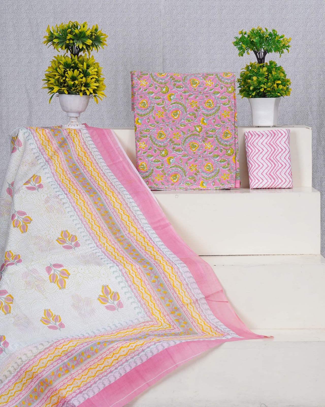 Pure Cotton Jaipuri Hand Block Print Unstitched Suit With Mul Cotton Dupatta.