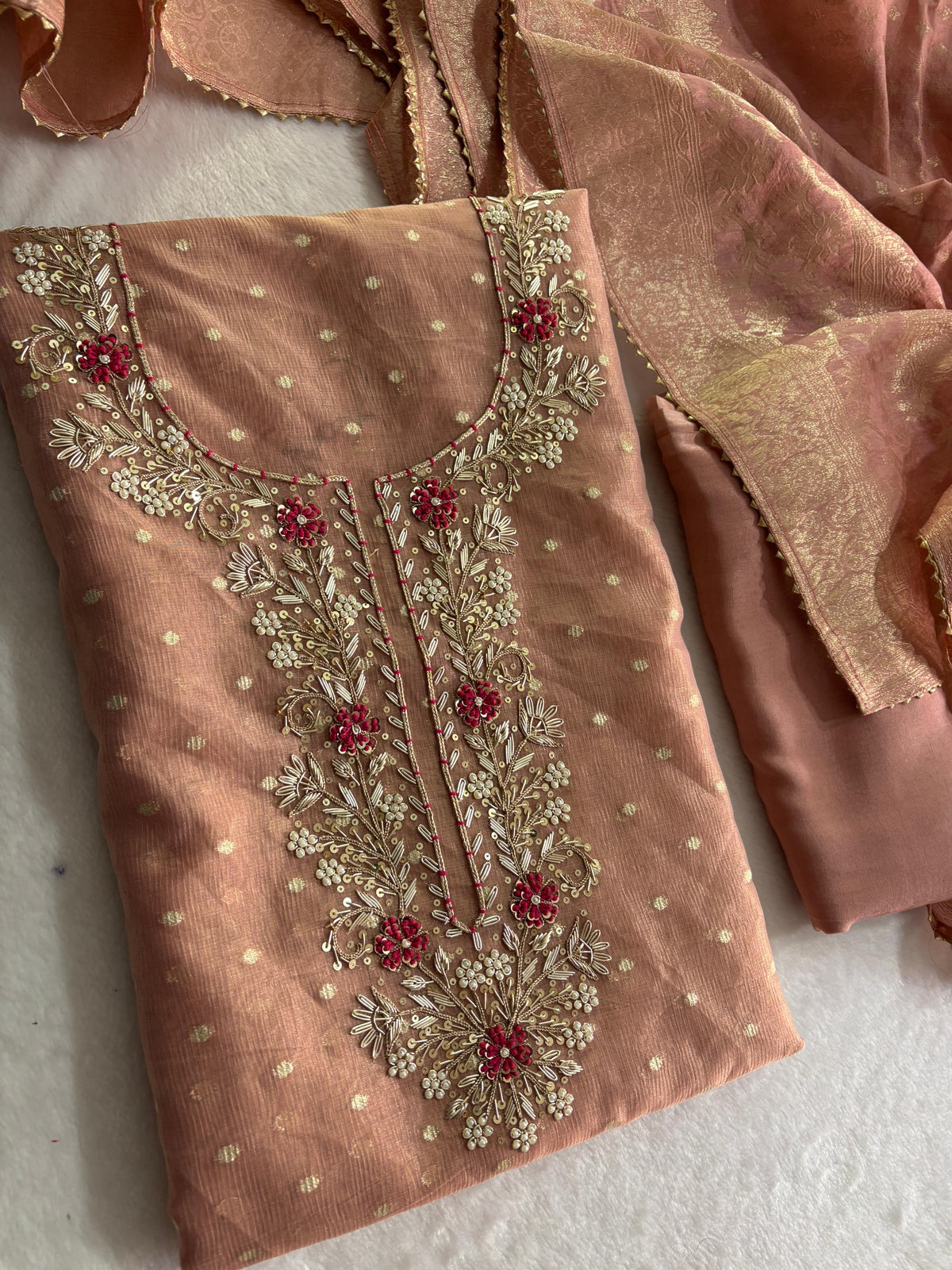 Premium Modal Rajwadi Chanderi Unstitched Suit With Banarsi dupatta