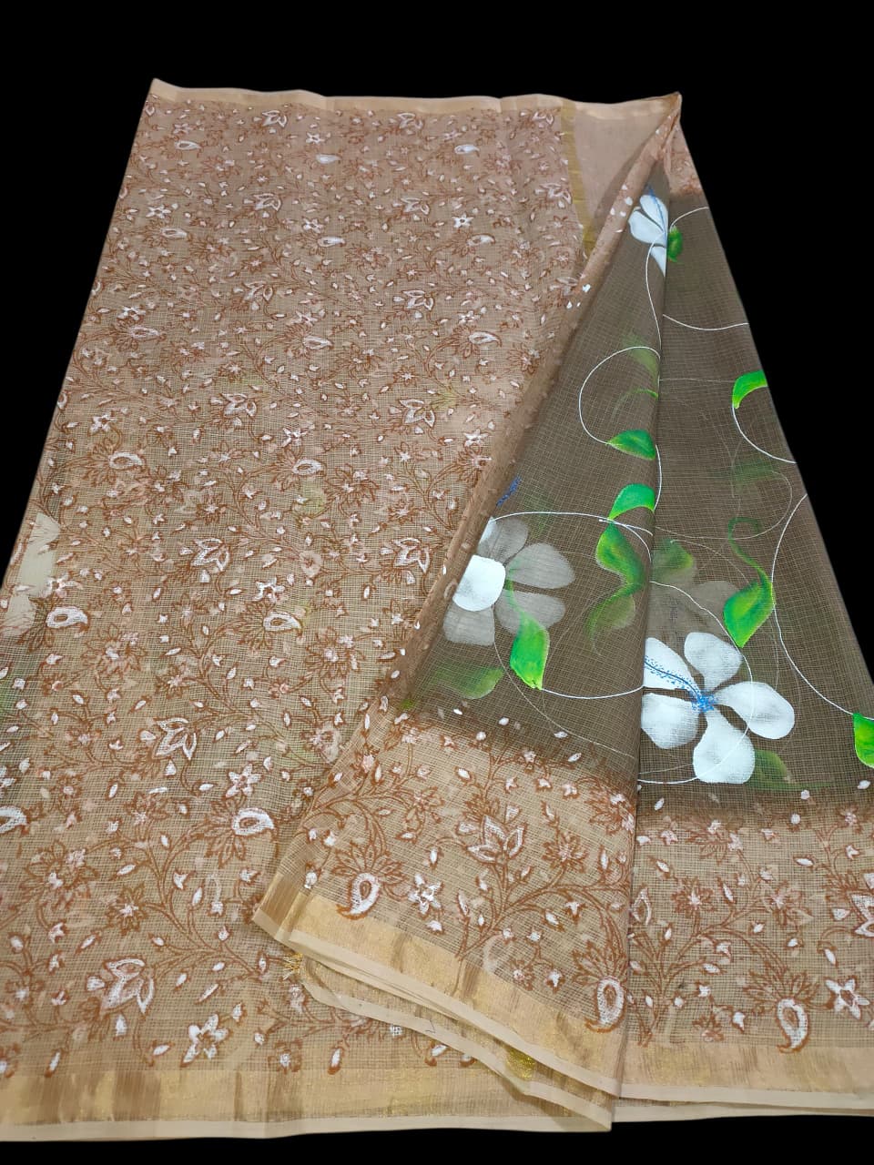 Kota Doria Saree With Hand Bursh Print Work