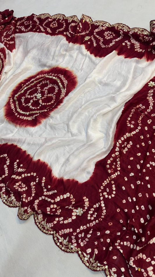 Pure Hand Bandhej Gajji Silk Saree Gota Patti Work With Hand Work Blouse.