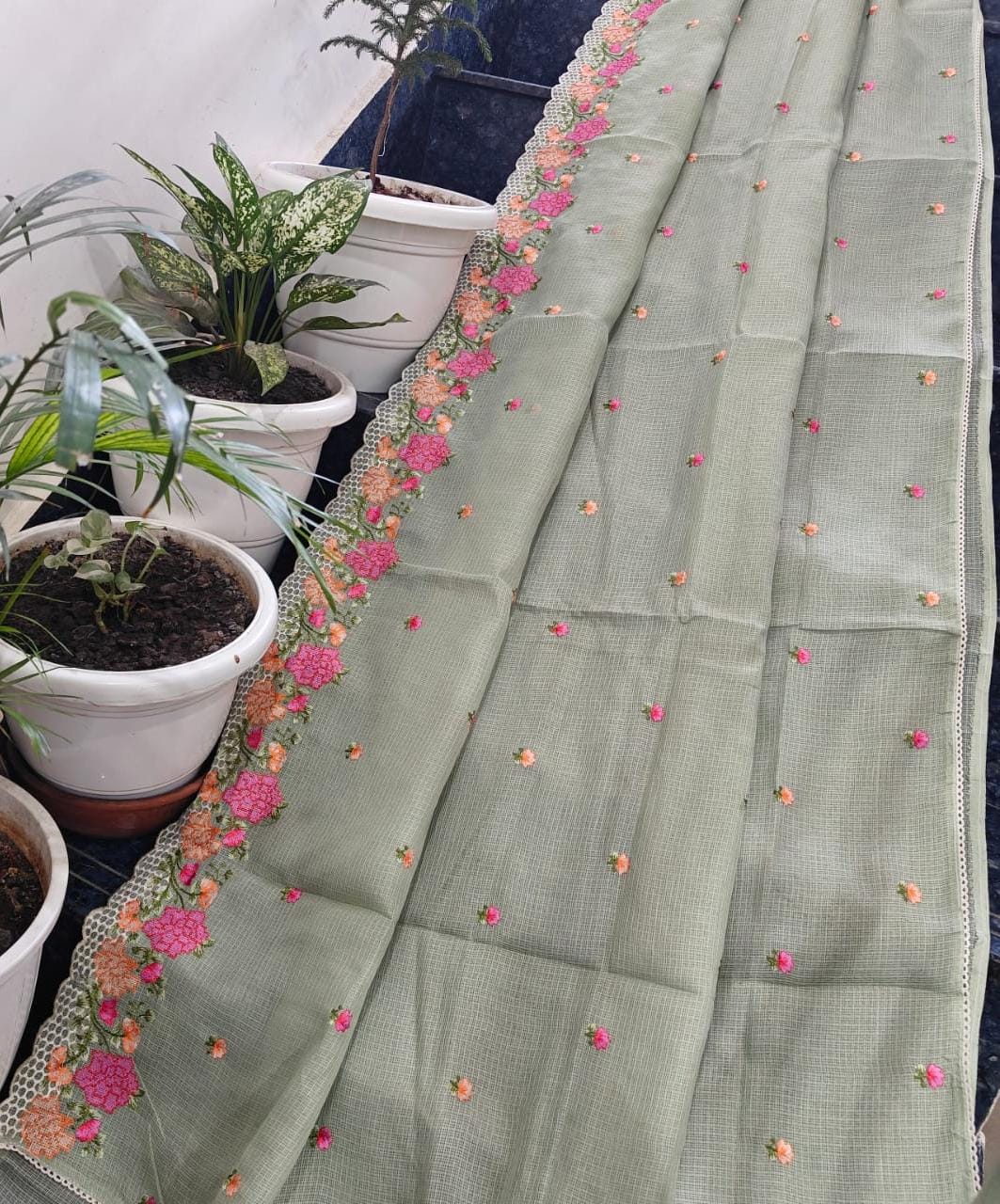 Kota Doria Soft Silk Saree With Embroidery Work