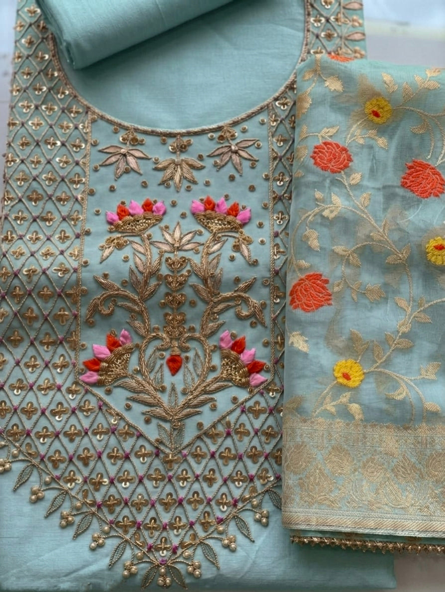 Premium Chanderi Zardozi Work Unstitched Suit With Banarasi dupatta