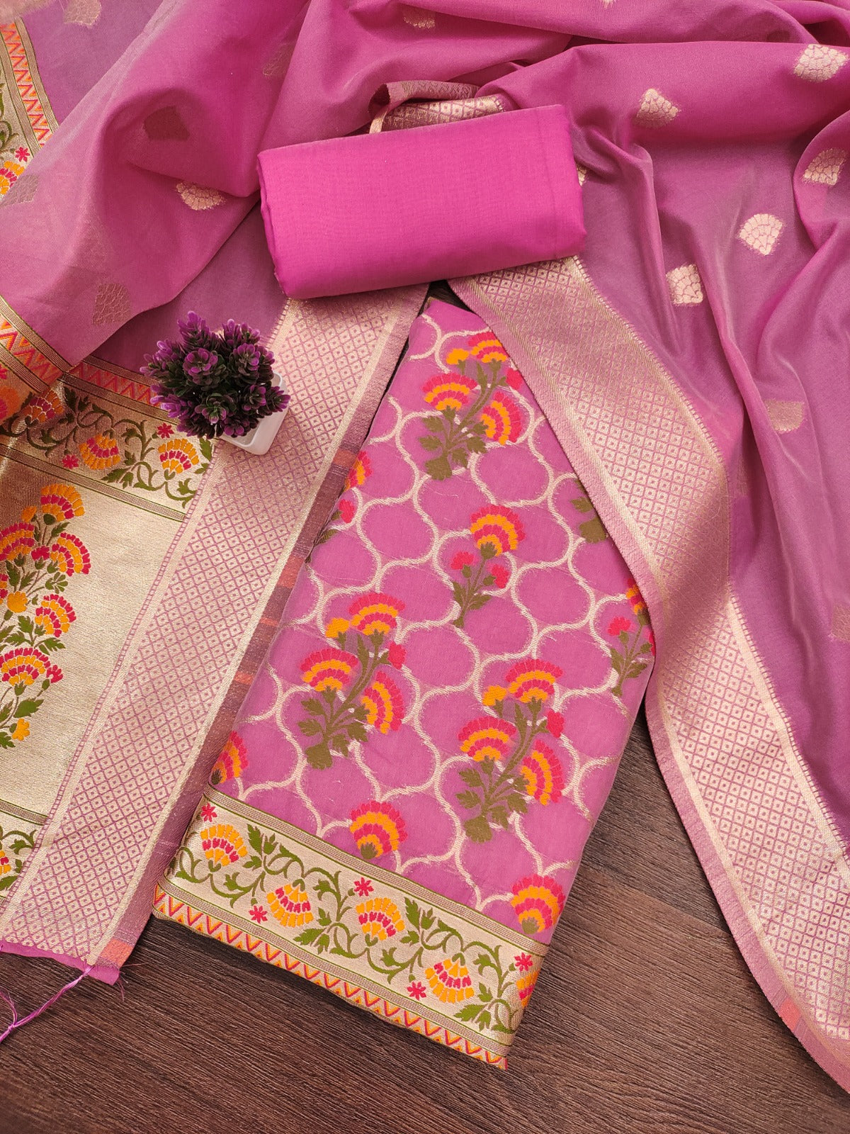 Designer Paithani Woven Unstitched Suit With Bottom