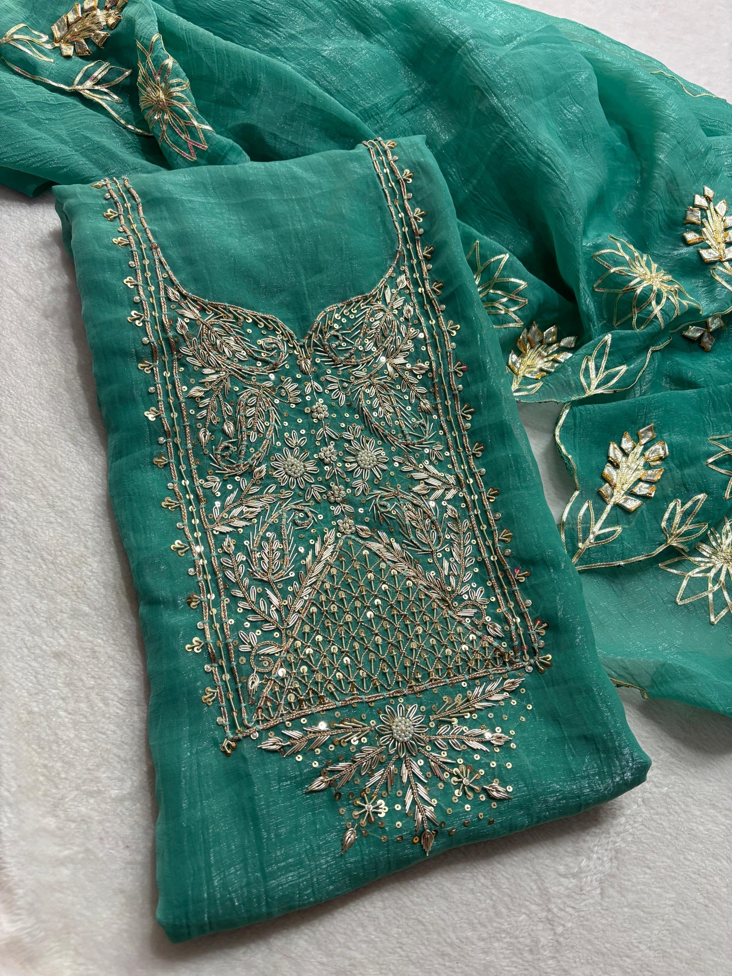 Premium Crush tissue Unstitched Suit Zardogi Work With Gota Patti Duptta