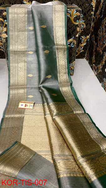 Banarasi Tissue Silk Saree With Zari Booti Weaving Designer Pallu
