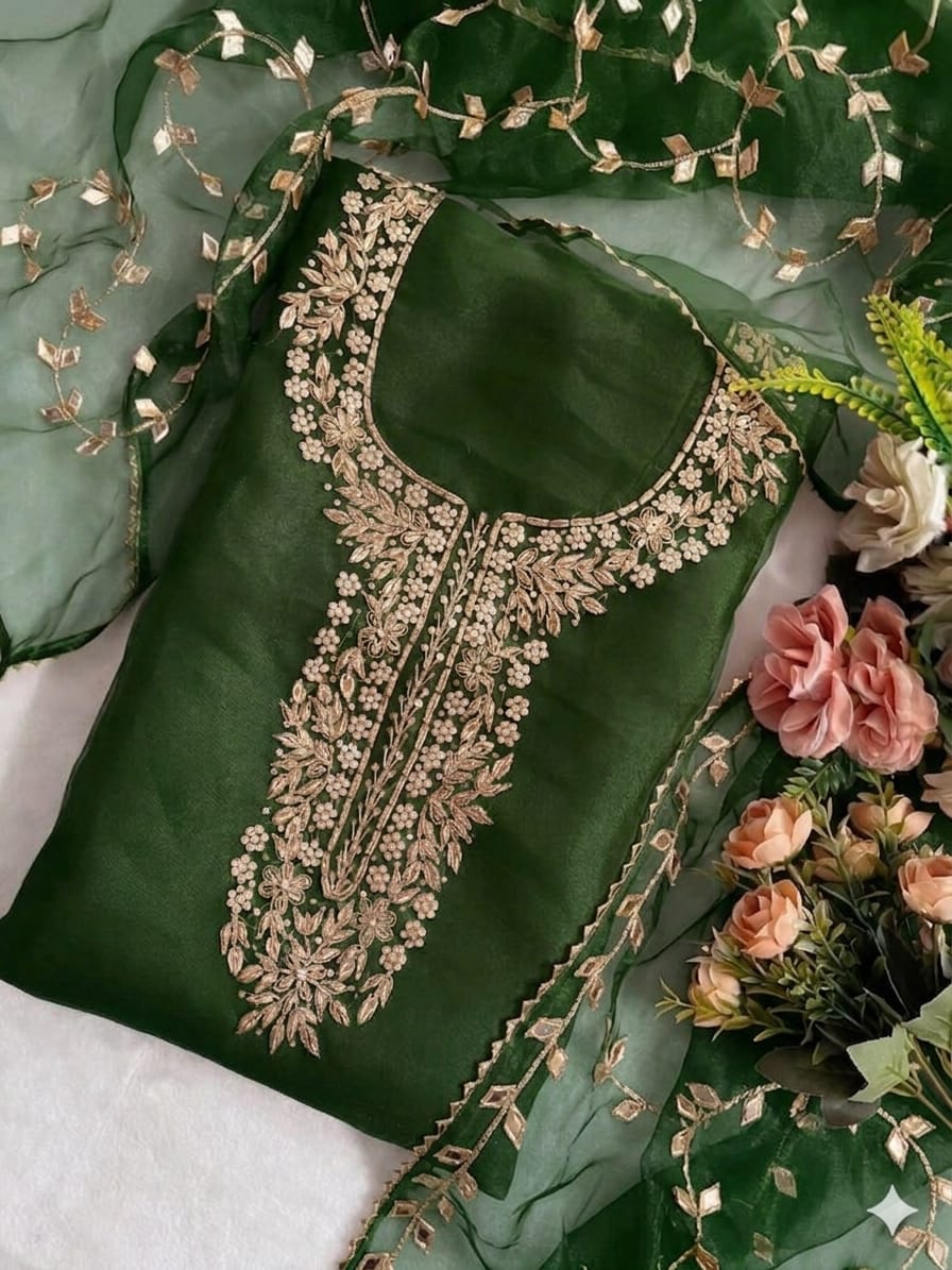 Pure Organza Zardozi Work unstitched Suit With Gota Patti Dupatta