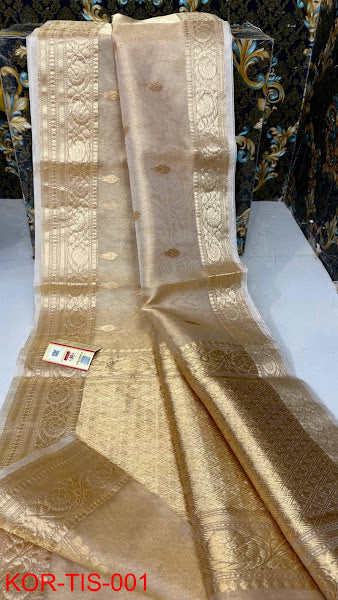 Banarasi Tissue Silk Saree With Zari Booti Weaving Designer Pallu