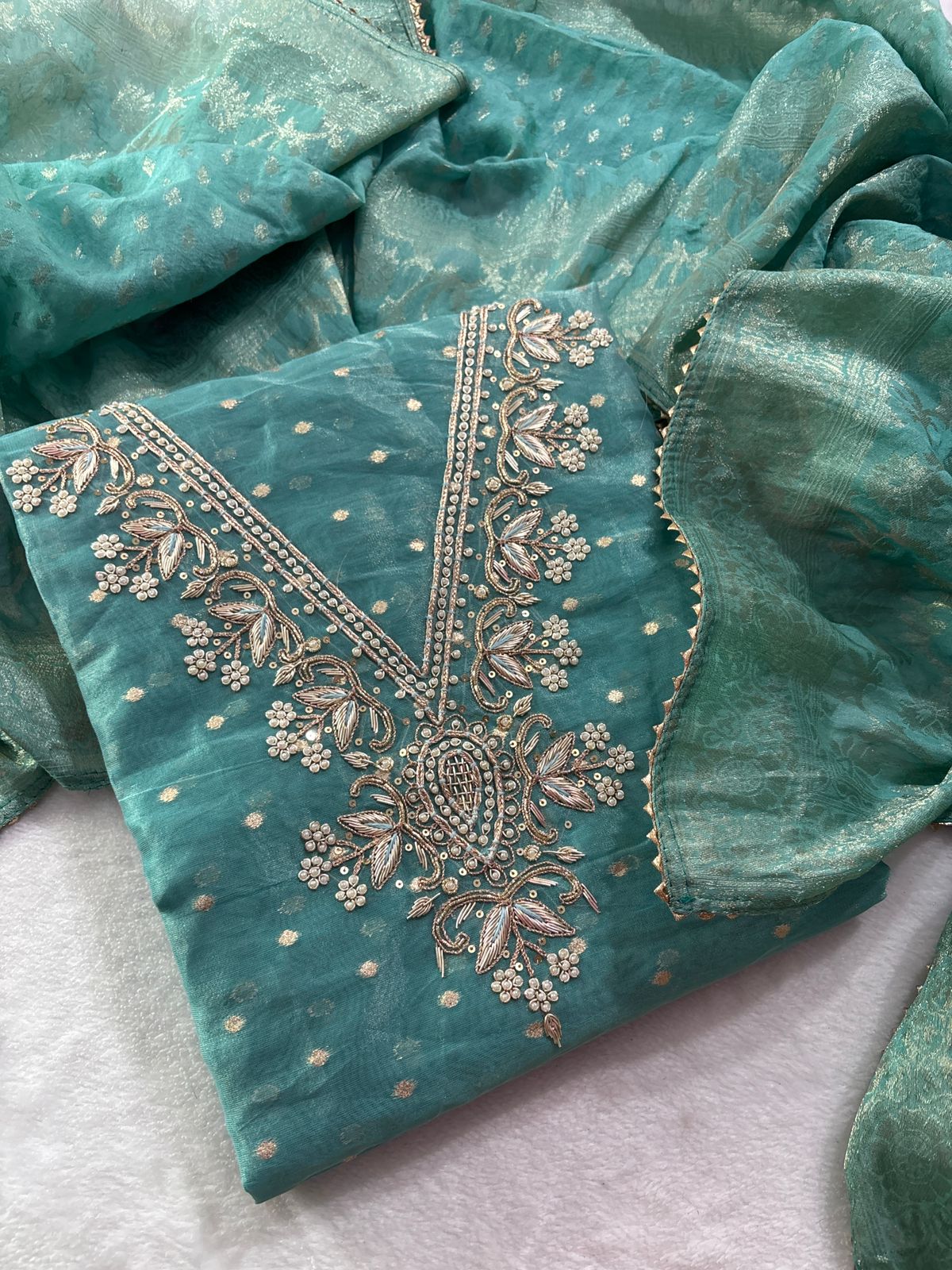 Premium Modal Rajwadi Chanderi Unstitched Suit With Banarsi dupatta
