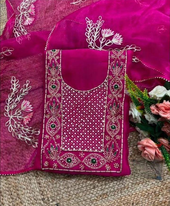 Organza Zardozi Work unstitched Suit With Gota Patti Dupatta