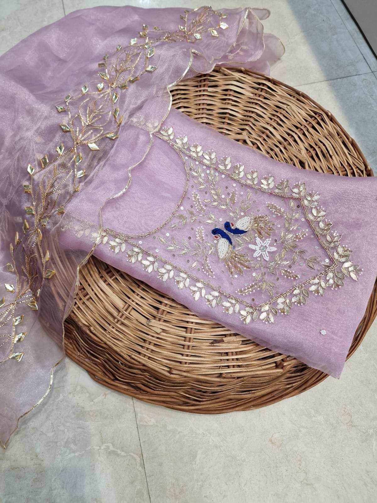 Organza Zardozi Work unstitched Suit With Gota Patti Dupatta
