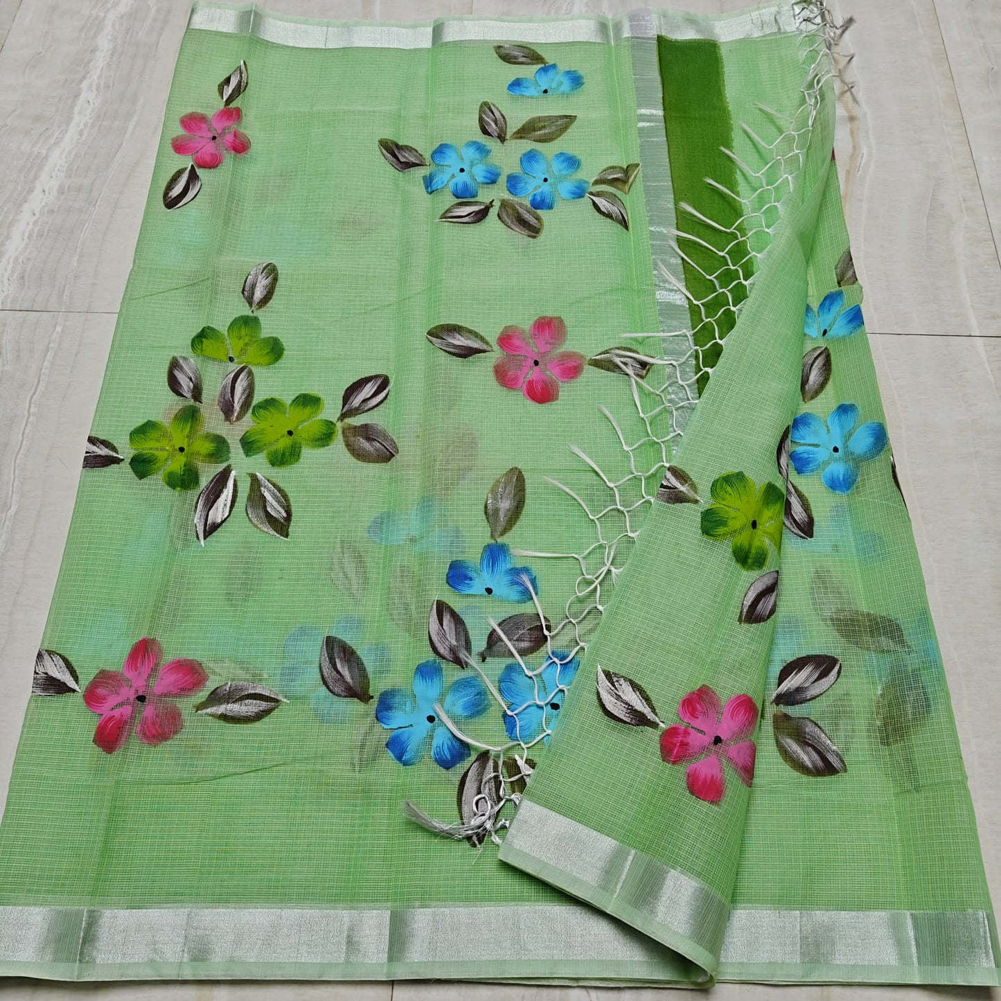 Kota Doria Saree With Hand Bursh Print Work