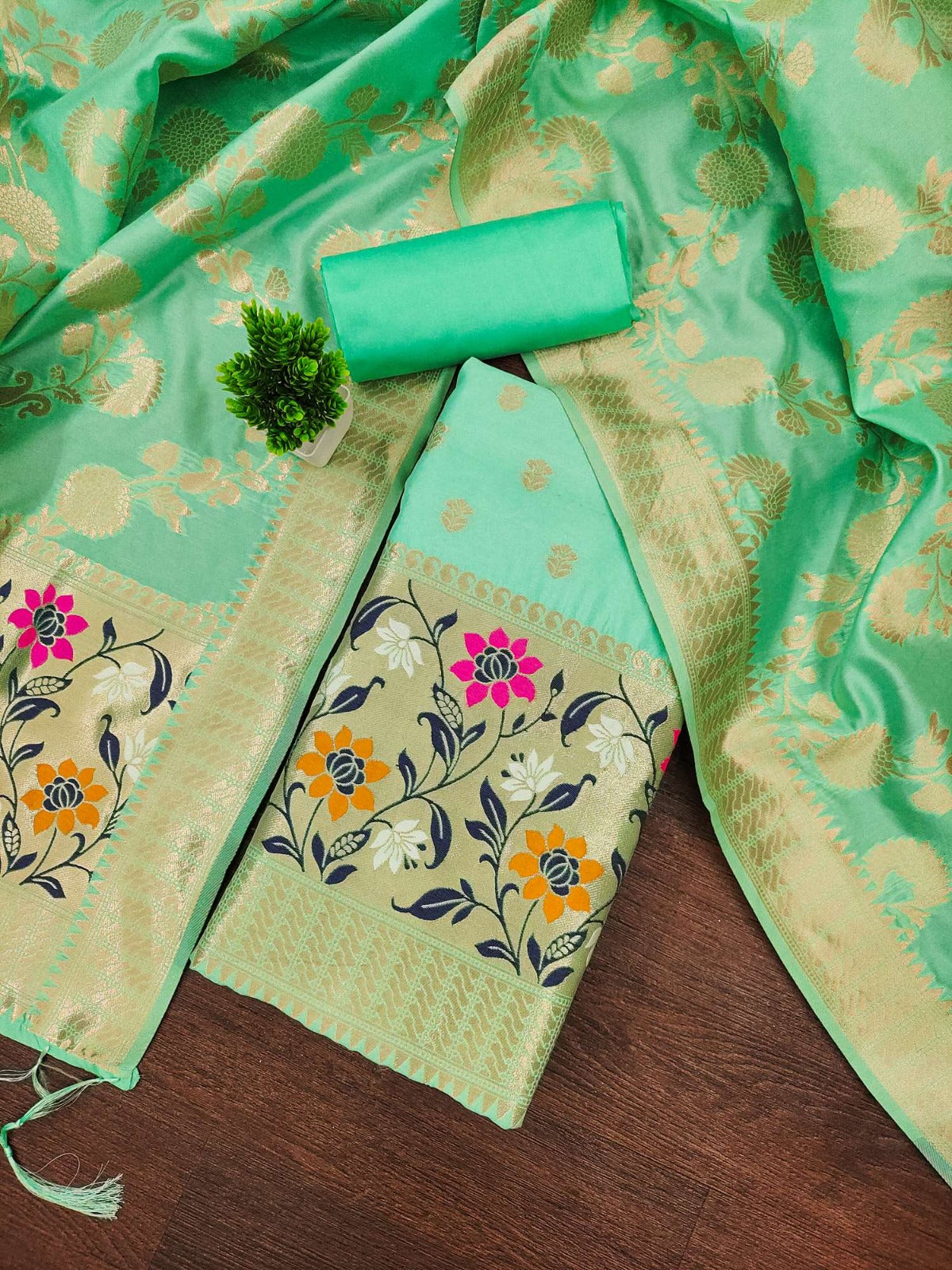 Designer Paithani Woven Unstitched Suit With Bottom