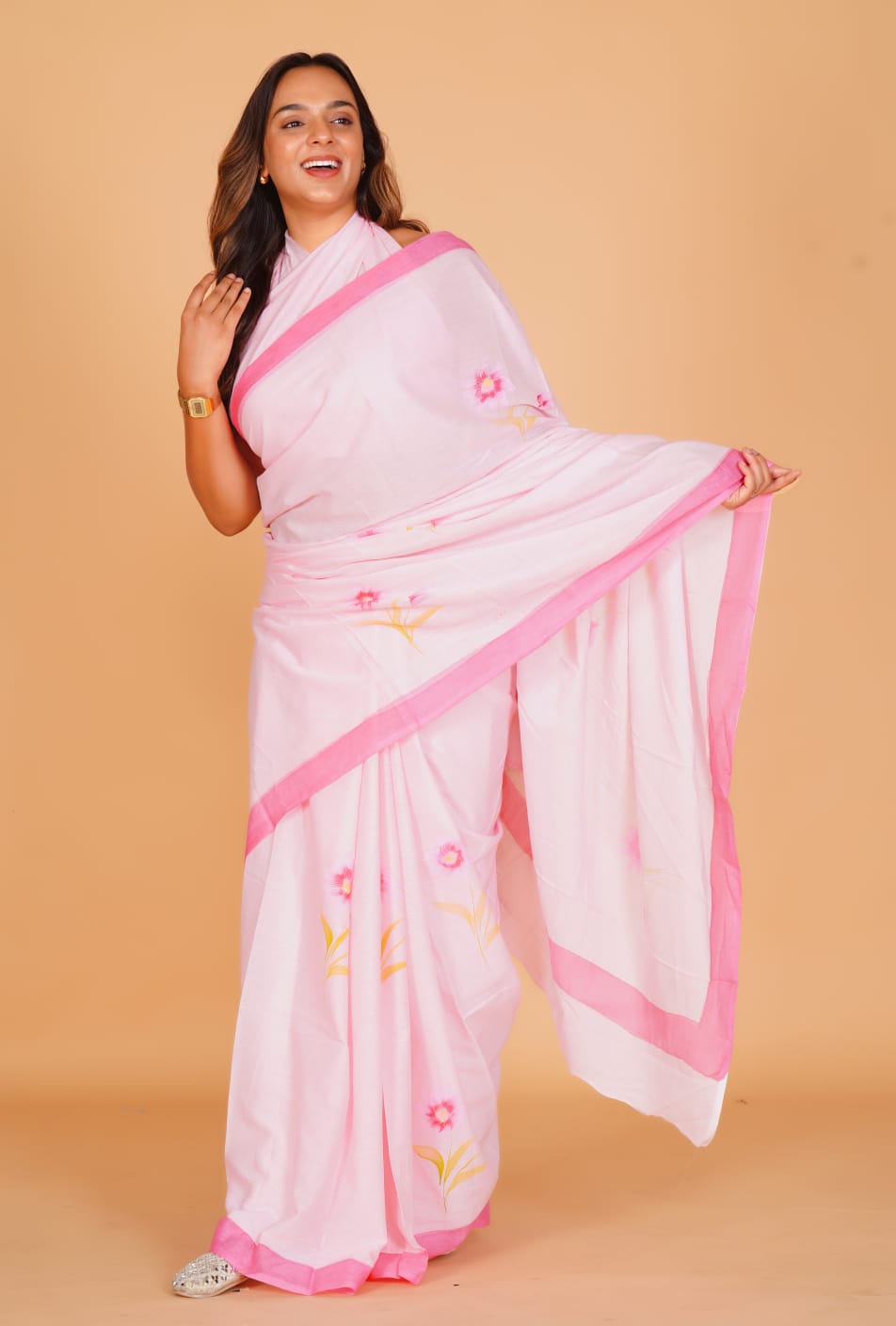 Pure Hand Printed Cotton Sarees With Blouse