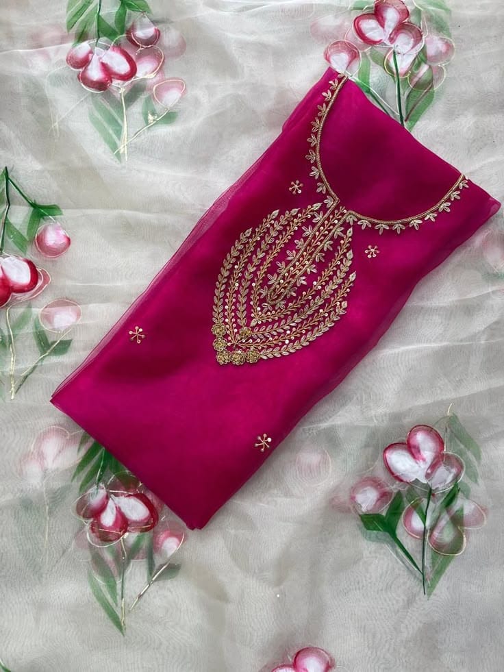 Pure Organza Zardozi Work unstitched Suit With Brush Print Dupatta