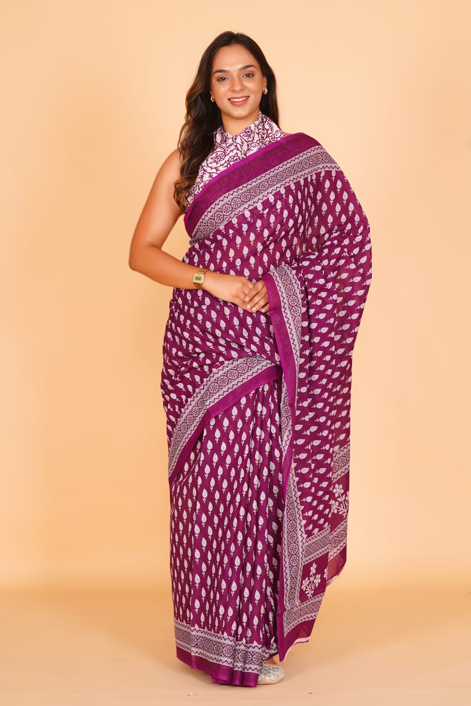Pure Hand Printed Cotton Sarees With Blouse