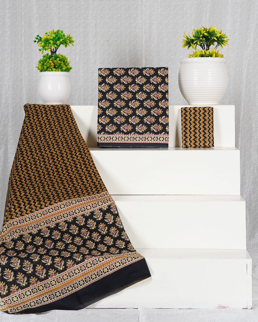 Pure Cotton Hand Block Print Unstitched Suit With Mul Cotton Dupatta.
