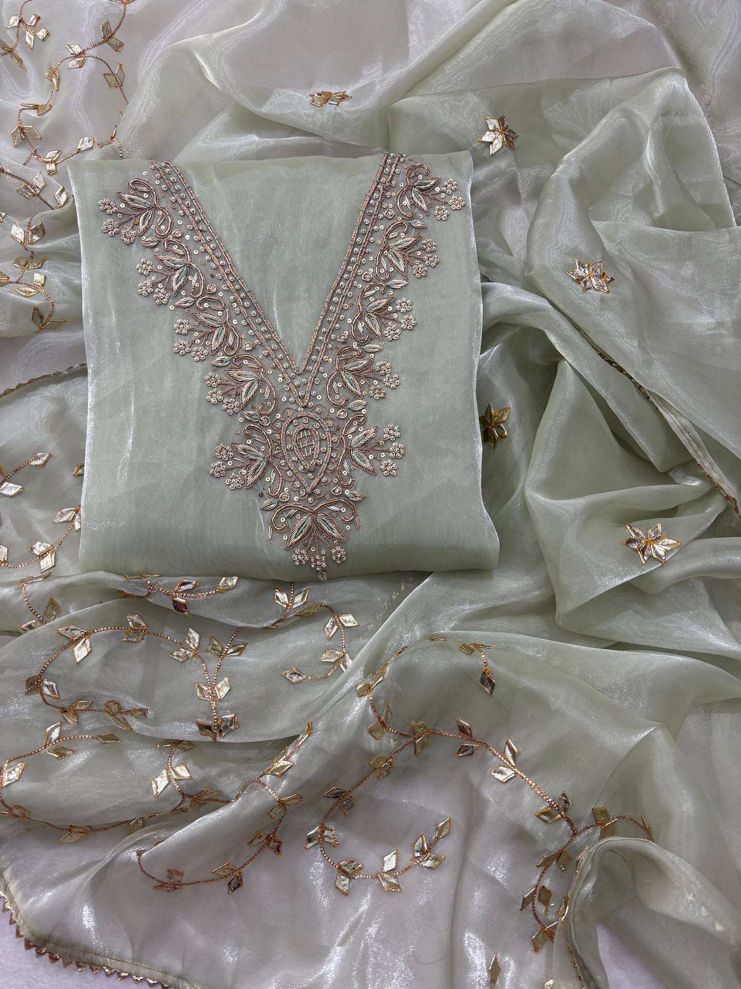 Pure jimmy choo Unstitched Suit with Zardogi Work Dupatta With Gota Patti Work