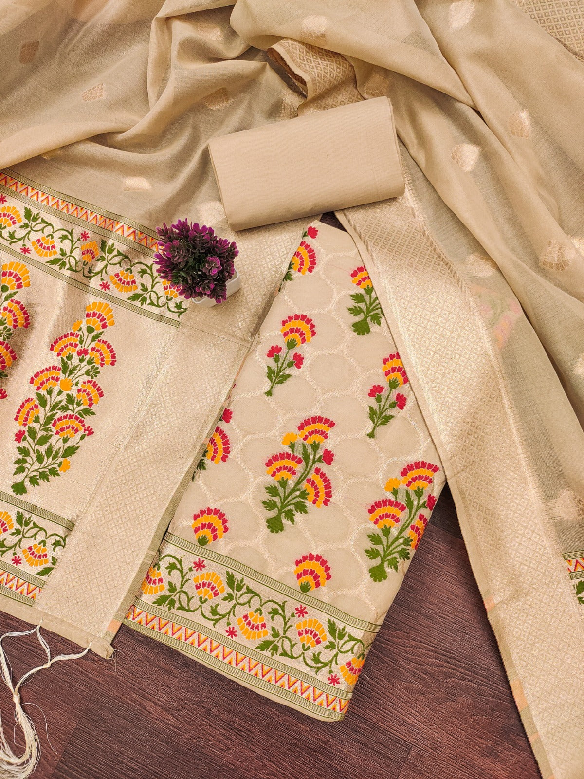 Designer Paithani Woven Unstitched Suit With Bottom