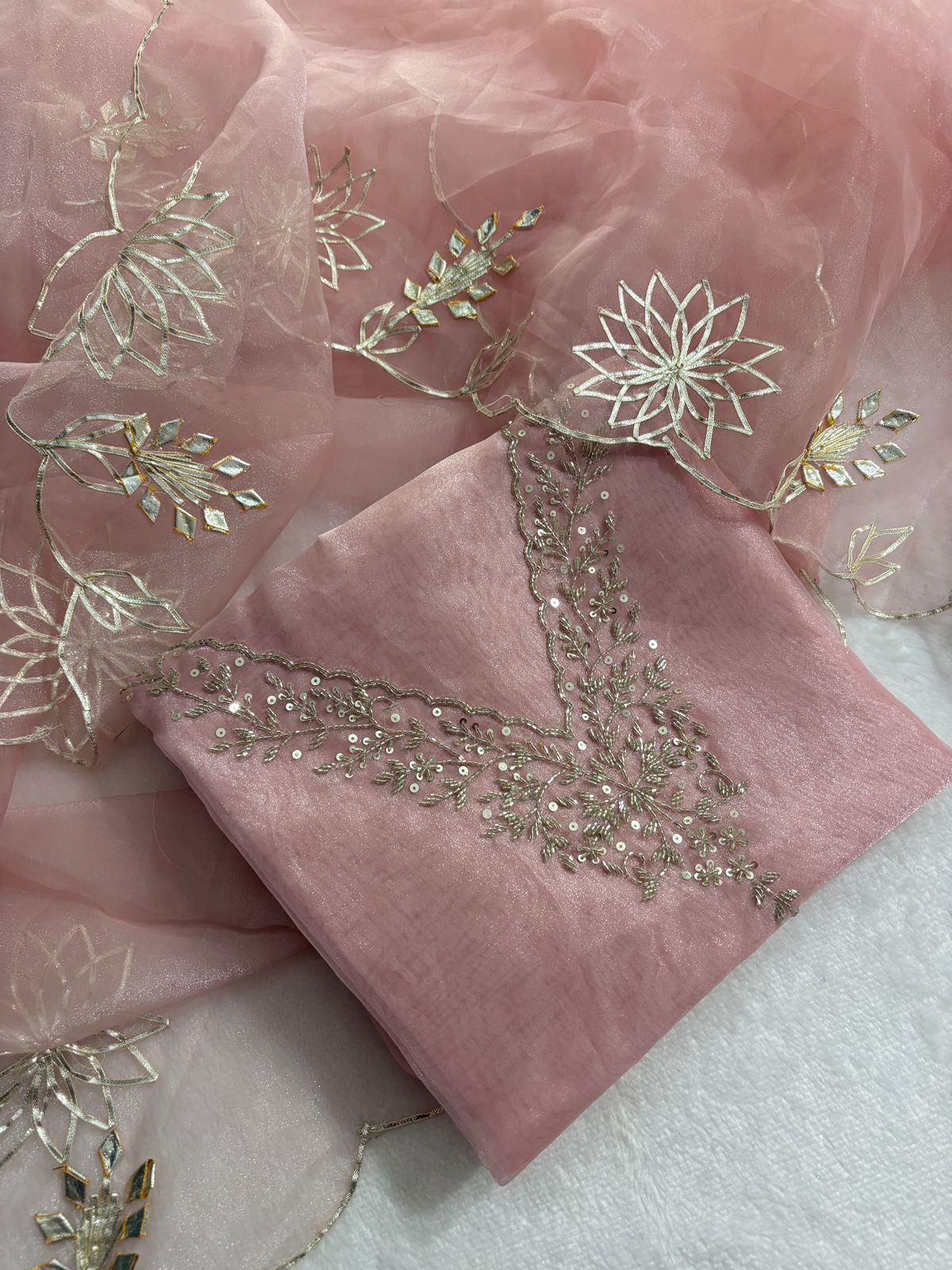 Organza Zardozi Work unstitched Suit With Gota Patti Dupatta
