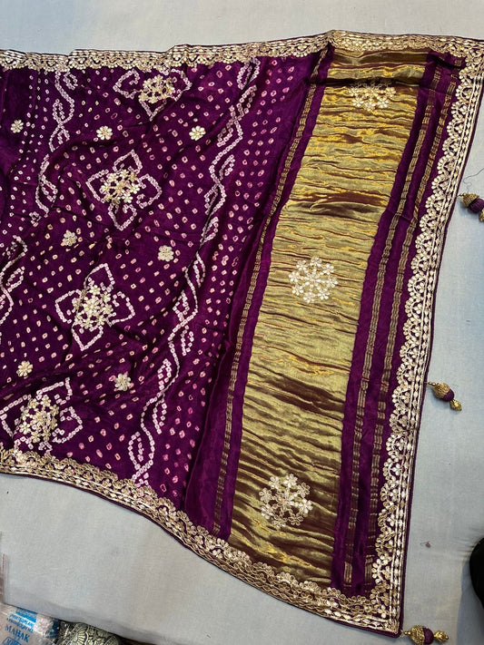 Pure Hand Bandhej Gajji Silk Saree Gota Patti Work With Hand Work Blouse.