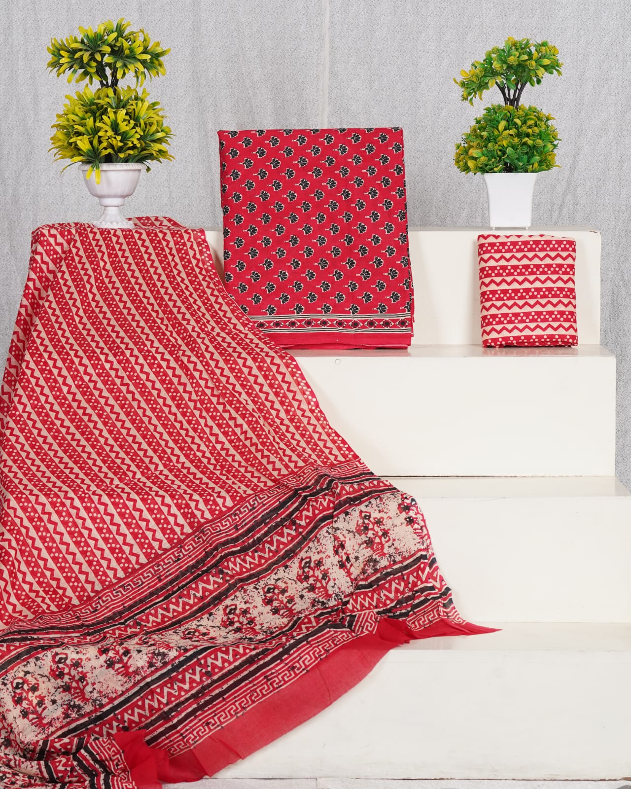 Pure Cotton Jaipuri Hand Block Print Unstitched Suit With Mul Cotton Dupatta.