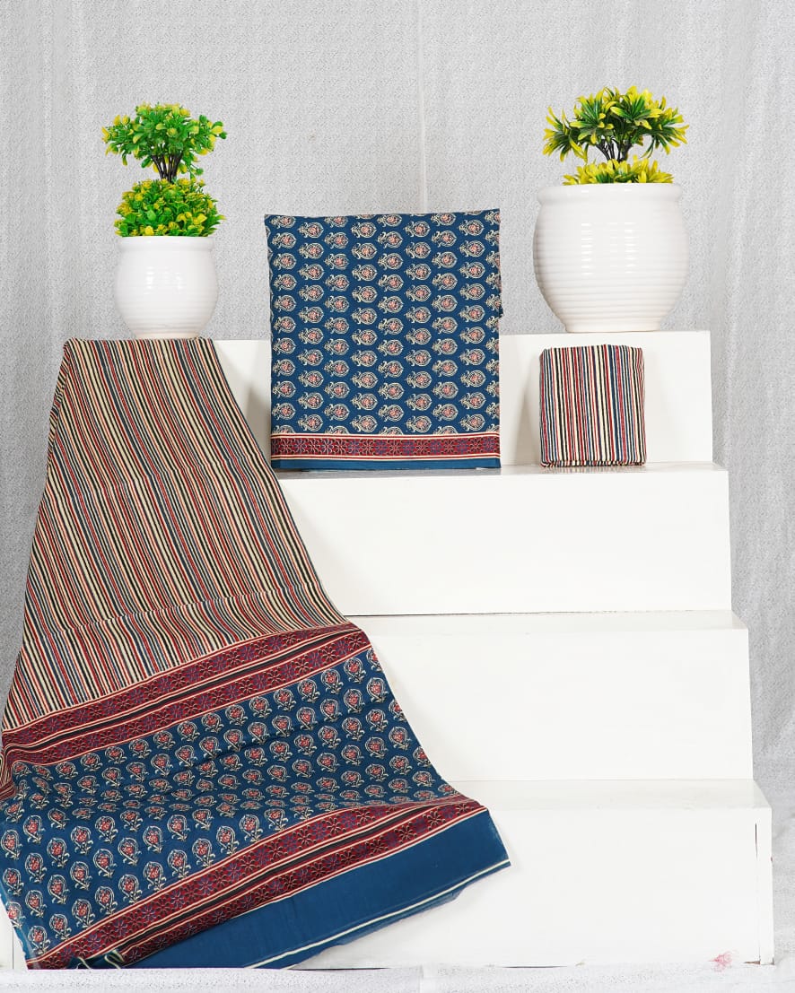 Pure Cotton Jaipuri Hand Block Print Unstitched Suit With Mul Cotton Dupatta.