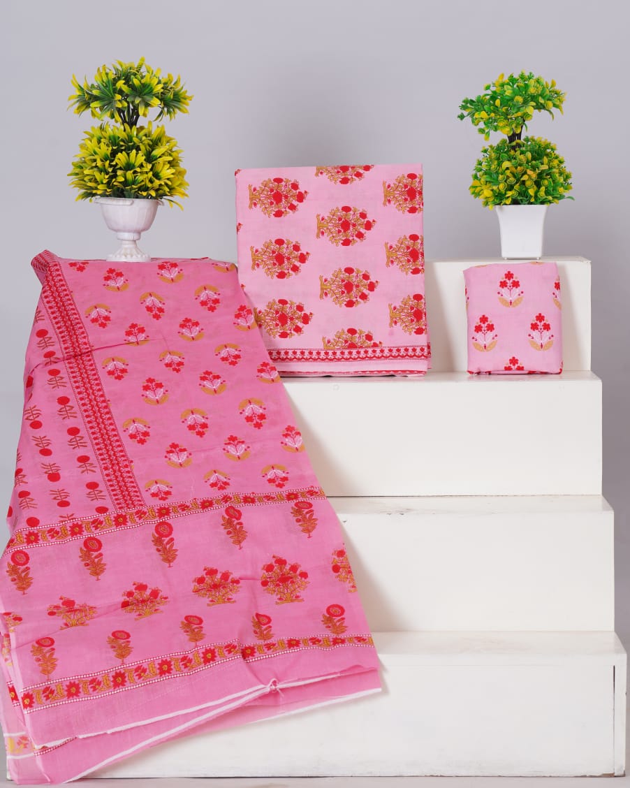 Pure Cotton Jaipuri Hand Block Print Unstitched Suit With Mul Cotton Dupatta.