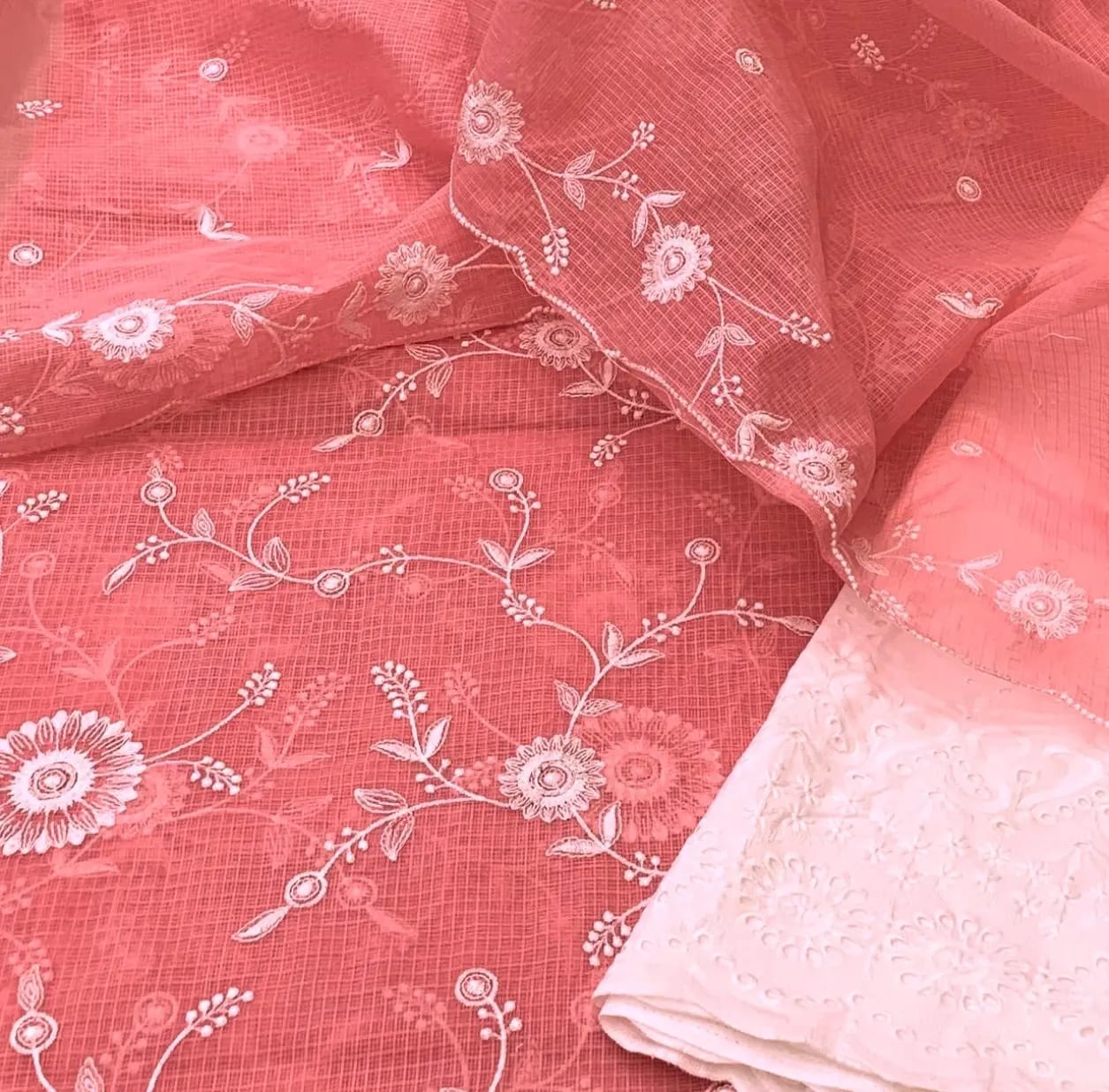 Pure Kota Doriya Embroidery Unstitched Suit With Dupatta (With Bottom )