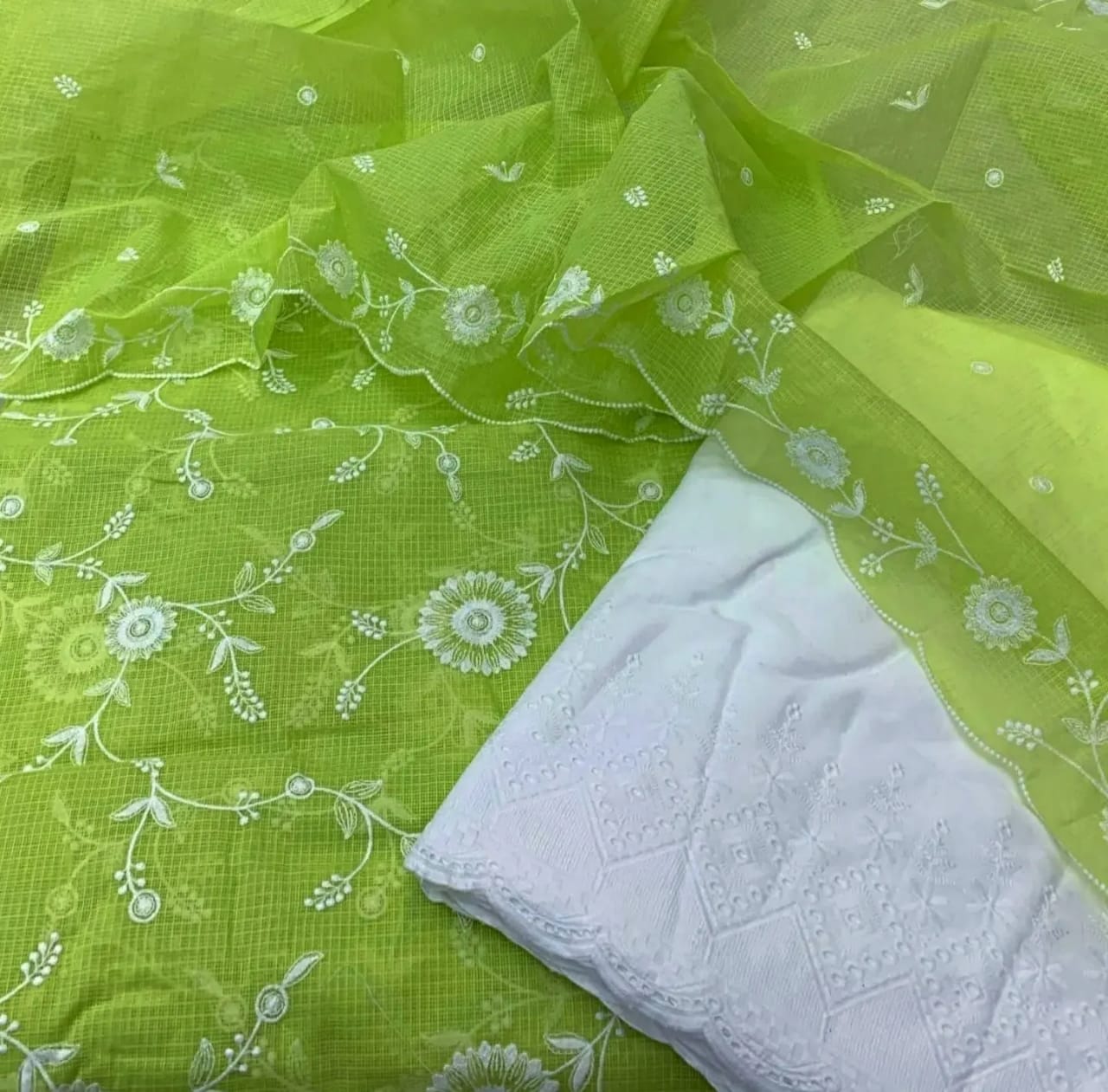 Pure Kota Doriya Embroidery Unstitched Suit With Dupatta (With Bottom )