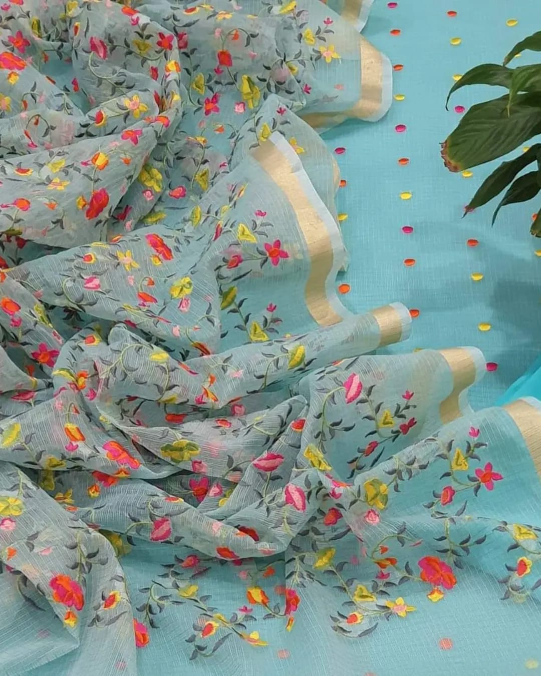 Pure Kota Doriya Embroidery Work Unstitched Suit With Bottom.