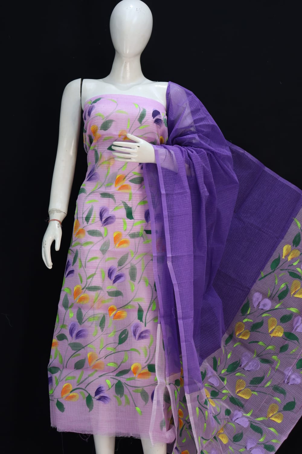 Pure Cotton Kota Doriya Hand Brush Print Unstitched Suit With Dupatta With out Bottom